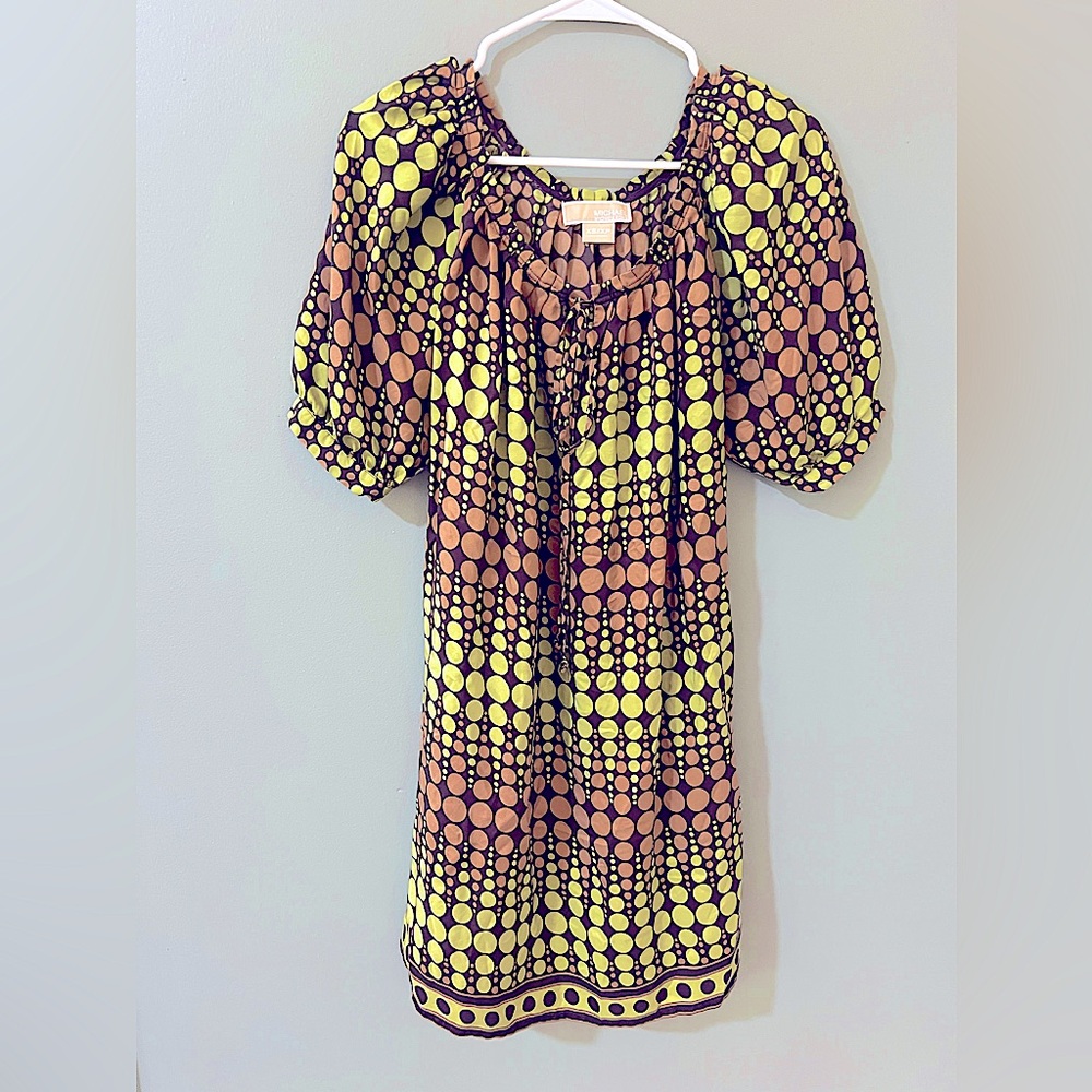Michael Kors Womens XSGreen Brown Polka Dot Tunic Dress Balloon Sleeve Tie Waist